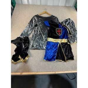 Medieval Knight Costume Set Silver Chainmail Tunic Blue Black Tabard Renaissance
